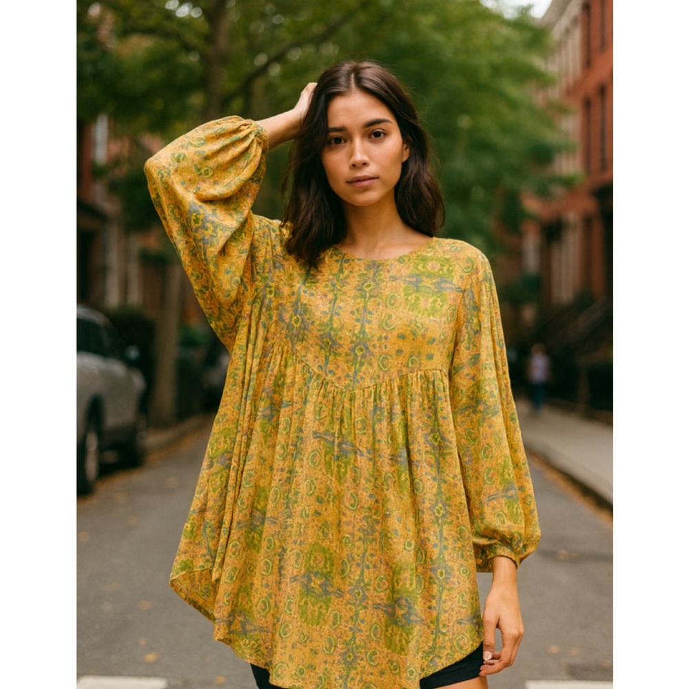 Free People Yellow Boho Printed Oversized Tunic Dress NWT Small
